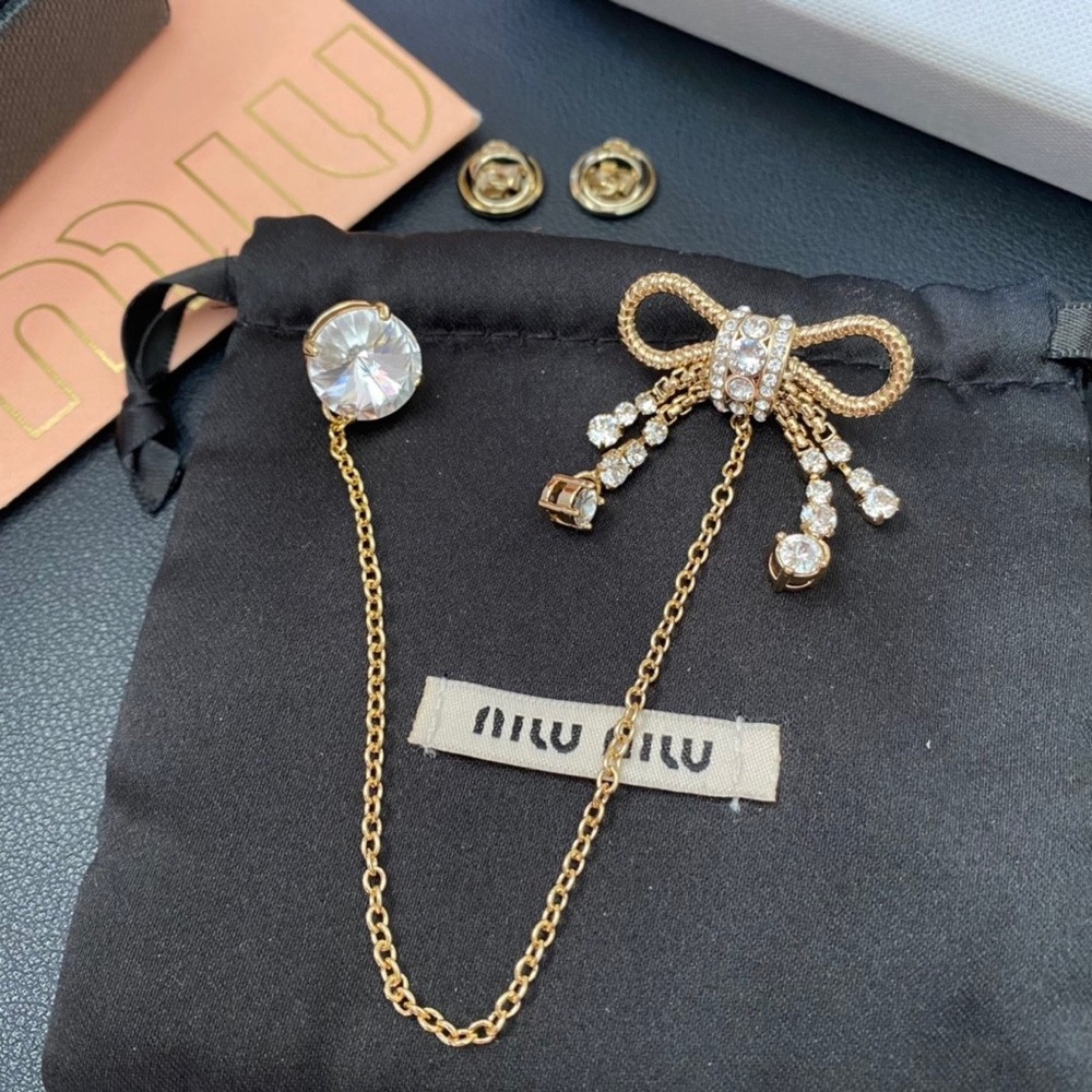 Women's Miu Miu Gold-Tone Paved Bow Tassel & Crystal Chain Brooch Set